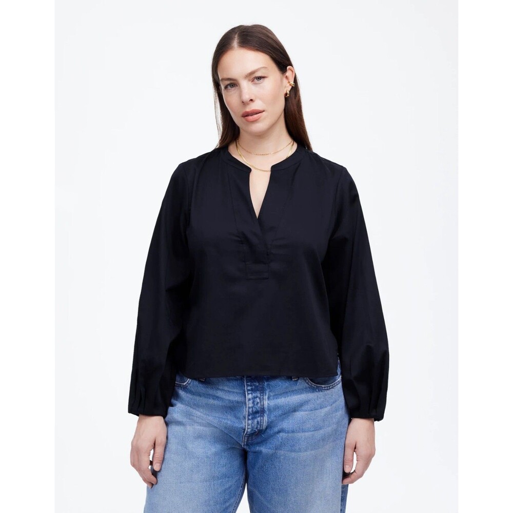 MADEWELL V-Neck Long-Sleeve Top S Deep Indigo Blue Cotton Sateen NWT B54